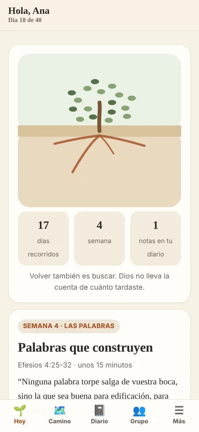Pantalla de inicio de Raíces con el árbol que crece